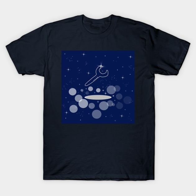 Wrench, tool, repair, work, illustration, night, light, shine, universe, cosmos, galaxy T-Shirt by grafinya